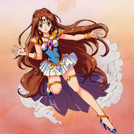 Yuri_Tanima, 1girl, solo, long hair,brown hair, jewelry, pleated skirt, miniskirt, armor, high heels, bracelet, magical girl, white skirt, shoulder armor, pauldrons, thighlet