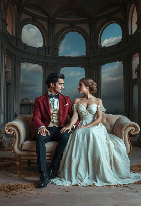 Two lovers in vintage attire sit quietly on a faded velvet settee in the ruins of a Rococo ballroom, their hands barely touching., text_g: cinematic romanticism, rococo elegance, narrative intimacy, vintage fashion, theatrical composition, soft lighting, melancholic atmosphere, poetic sensuality, pastel and muted tones, elegant body language, dramatic sky backdrops, wistful expressions, baroque detailing, gentle brushwork, longing and desire, lovers in nature, painterly nostalgia, timeless romance, stylized figuration, emotional subtlety