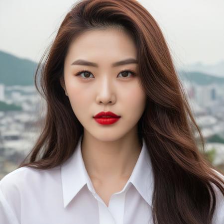 A portrait of a Korean woman with long wavy olive hair, a white and red button-up shirt, and a backdrop of Seoul, South Korea. The woman has thin, straight eyebrows and large, green eyes. The woman is wearing cherry red lipstick.