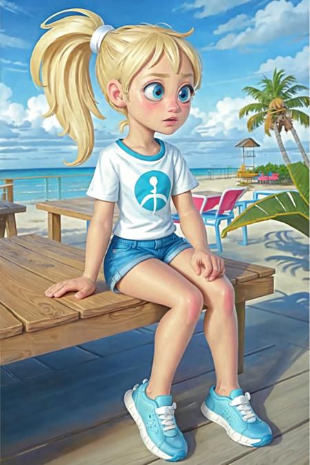 blonde girl ponytail on a beach boardwalk cafe sitting at the table sandwich wearing a tshirt and shorts sneakers stuffed animals tropical beach beautiful cloudy sky bright sunny day, (Clutter-Home:0.8), (masterpiece:1.2) (best quality) (detailed skin:1.3) (intricate details) (8k) (detailed eyes) (sharp focus)