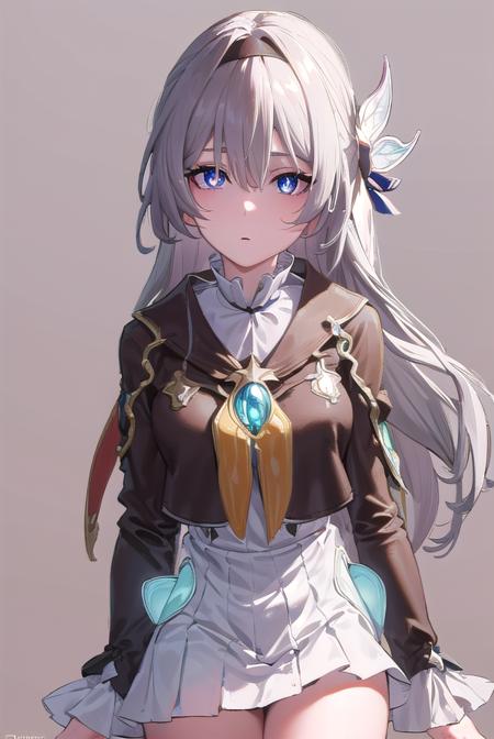 firefly, (purple eyes:1.3), grey hair, butterfly hair ornament, hair ornament, hair intakes, long hair, (bright pupils:1.5), black socks, blue dress, blue socks, dress, shoes, socks, two-tone dress, two-tone socks, white dress, long sleeves, hair band,