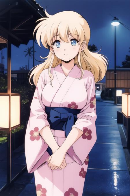 masterpiece, best quality, high-res, perfect lighting, night, 
illies, 1girl, solo, blonde hair, long hair, blue eyes, large breasts, 1990s \(style\), retro artstyle,
happy, smile, blush, jananese clothes, kimono, yukata, flower pattern, 
standing, looking at viewer, outdoor, 
<lora:illies_plastic_little_v2.1:0.8> <lora:GoodHands-vanilla:1>