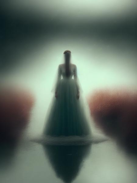 <lora:ElizabethGadd:1>a bride who is a ghost wading in a lake in the snow and fog, atmosphere of loneliness and sadness, photographed by Todd Hido, cinematic, spectres, eerie, creepy