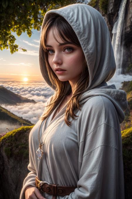 dystopianx style,photo of a 20 y.o girl, character focus portrait, solo, upper body, looking at viewer, detailed background, detailed face, (<lora:BiophyllTech:0.6>,   BiophyllTech theme:1.1), serene expression,  druid, wearing natural colored green  robes, hood,  druid staff,  calm posture, healing spell, runes,  glowing orbs,    swirling leaves in the air, moss,  roots,    lavenders, sprouting plants, bushes, dusk,  waterfall in background, ethereal mysterious atmosphere, , sunset, sunlight, light rays, outside, mountains on the background, waterfall, (fog:1.3), (diamonds:1.3), high detailed skin,skin pores,overcast weather,8k uhd,dslr,soft lighting,high quality,film grain,Fujifilm XT3,  <lora:add_detail:1>