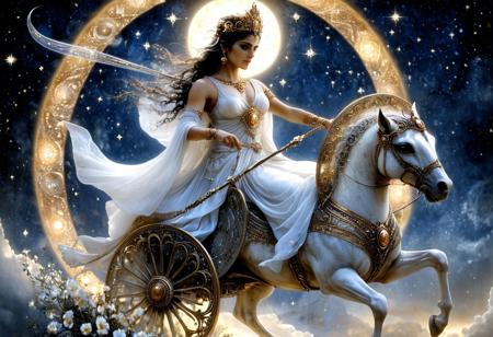 Stylized ink artwork of the ancient persian goddess Anahita. She wears an immaculate white gown riding a chariot, a golden tiara on her head. She holds a flowering twig in one of her hands and a shield in the other one,  The whole scene is viewed from below as she descend from the starry sky. Warm highlights and shadowly gradients enhance her mystical presence. The image has natural deep shadows and bright warm lighting lighting. high detail realistic skin texture, skin pores, masterpiece, cinematic quality, bokeh, depth of focus, realistic fantasy photo, gorgeous aesthetic, in the style of Luis Royo and Milo Manara., circle of light above her head