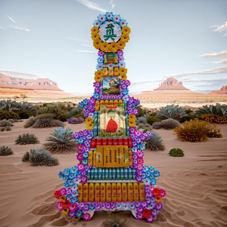 RAW photo,no humans,  a large colorful canedoffering_\(flat floral decorated\) iIn the deserts of the American West,with canned drinks arranged on it.   best quality, masterpiece, 8k uhd, dslr, soft lighting, high quality, film grain, Fujifilm XT3   <lora:100_Taiwan offering_1v_5_768_0001deep5e_off:1> absurdres,