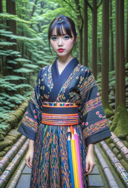 masterpiece, best quality, ultra detailed, HDR, photorealism, sfw, A girl, black mini yukata, pretty face, (the patterns appear like layers of colored pencils:1.35), the girl looking at camera, landscape, nature, forest, japanese mountainside, night, HDR, pale skin, (black bold eyeliner, makeup:1.1334), very detailed radiant eyes, detailed lips, detailed face, cute, pretty, bangs, posing elegantly, in shinto temple, the backdrop should be of a forest, it should be at night, fullbody shot, <Pencil_morph_style-000008:1.55>