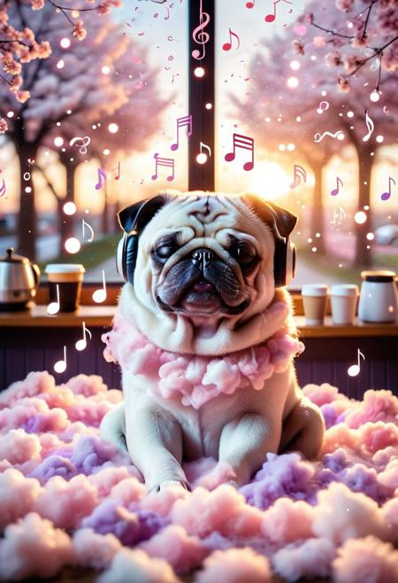 lazypos, cottoncandy
a cotton candy pug with closed eyes, wearing wireless headphones, immersed in rhythmic melodies, soft smile of euphoria illuminating his face, surrounded by floating musical notes and cherry blossom petals, warm golden hour lighting with bokeh effects, pastel color palette of blush pink and pastel purple, healing atmosphere with glowing particles, dynamic composition with flowing hair strands, cozy coffee shop background with sunlight streaming through windows ,emotional resonance of musical therapy