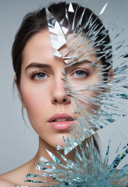 translucent, transparent, Glass Reflection:
"A thought-provoking photo manipulation featuring a woman with a face composed of shattered glass fragments. This captivating artwork explores the fragility and complexity of human emotions, as reflected through the intricate and intricate patterns of broken glass. The image invites viewers to contemplate the relationship between vulnerability and resilience, as the subject's face appears both delicate and strong, with each shard of glass representing a piece of her experience and personality."