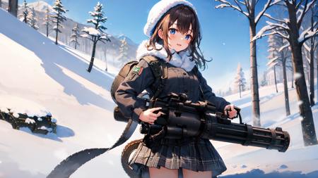 1girl,solo,m134minigun,holding gun,aiming,snow,winter,outdoors,<lora:m134v51024:.8>