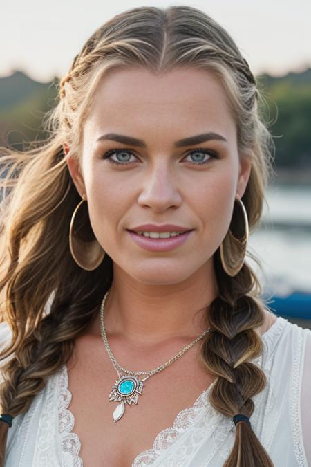 <lora:r3b3cc4:0.9>, a Realistic photo of r3b3cc4 woman, 1girl, solo, long hair, smile, blue eyes, blonde hair, jewelry, braid, earrings, teeth, necklace, single braid, portrait, hoop earrings, realistic, soft lighting, professional Photography, Photorealistic, detailed eyes, RAW, analog, sharp focus, 8k, HD, DSLR, high quality, Fujifilm XT3, film grain, award winning, masterpiece