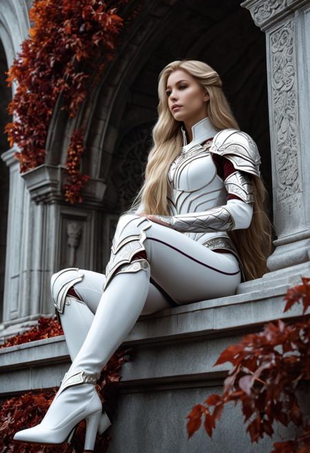 Highly detailed and dramatic digital artwork featuring a fantasy scene. The layout is vertical, focusing on a beautiful female character seated on a stone balcony adorned with intricate carvings. The woman has a long, flowing blonde hair and fair skin, wearing a detailed, futuristic white and silver armor with ornate designs over her curvy alluring body. Her expression is serene and contemplative. The background includes a stone archway with red and purple autumn leaves cascading around, adding a vibrant contrast to the scene. The overall color palette is a mix of soft whites, grays, and warm autumn hues, creating a harmonious and ethereal atmosphere. <lora:FluxMythP0rtr4itStyle:0.6> <lora:flux.1_lora_flyway_Epic-Characters_v1:0.6> <lora:Elden_Ring_-_Yoshitaka_Amano:0.33>