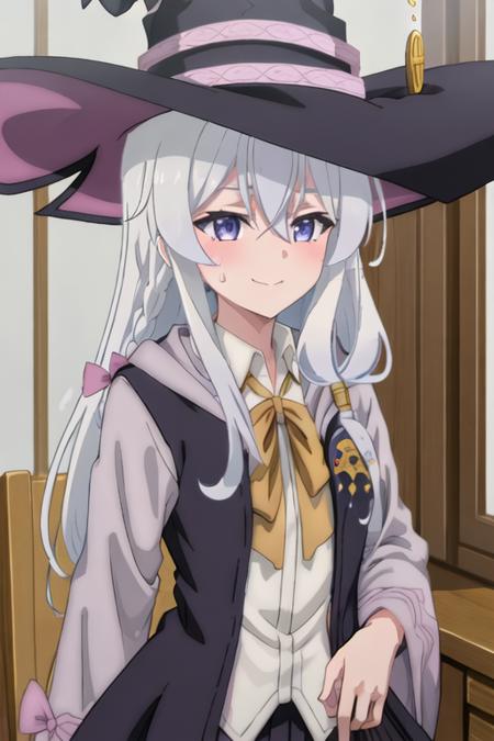 best quality, masterpiece, highres, solo, {elaina_majonotabitabi:1.15}, long_hair, bangs, hair_between_eyes, blue_eyes, closed_mouth, grey_hair, bow, white_hair, hat, witch_hat, black_headwear, purple_eyes, 1girl, collared_shirt, shirt, white_shirt, ribbon, smile, blush, sweatdrop