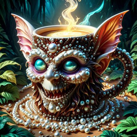 Vivid color, dynamic lighting, abstract composition, soft gradients, cinematic contrast, pearlum, textured background, (angled view) of a stylish goblin wizard coffee mug made from pearls, foliage foreground frame, vivid flowers, precision, fractal geometry, harmonic interference, altered realities, fantastical scenes, striking visuals,  detailed background, light reflection, masterpiece, best quality, absurdres,  mobe-ancofmu style