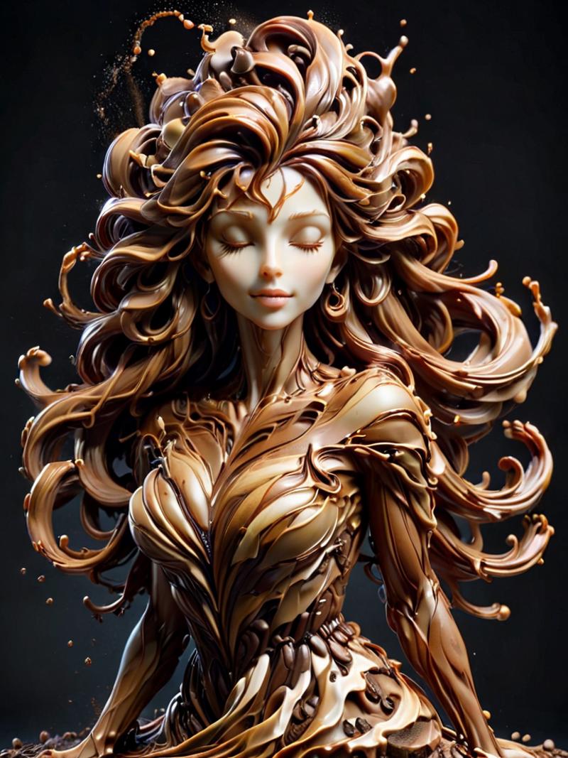 A chocolate sculpture of a woman with flowing hair and a closed eye.
