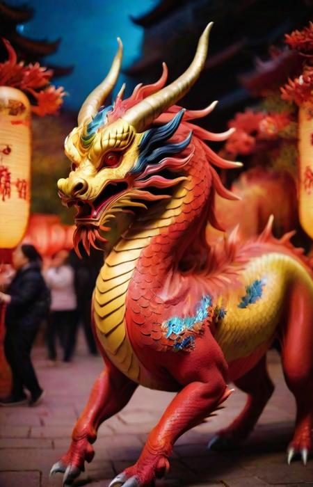A vivid and ((multicolored Qilin), midnight, in a chinese red lantern festival street with people walking around), magnificent horns, vibrant feathers, majestic and legendary, captures attention with its vibrant hues, colorful high contrast, from china, festival of rich colors, hong kong, epic colors, formidable, rain, eyes lit, standing in the dark, anamorphic lens flares 4k, best of behance, holy flame crown spell, creative commons attribution, wallpaperflare, steven jung, trending on mentalray, hyper realstic, featured on pexels, big horn, highly beautiful, casting a magic spell, color overlay, ð, pr0f3ss10n4l <lora:QilinSDXL:1.35> <lora:sdxl_LCM_lora_rank1:1.15>