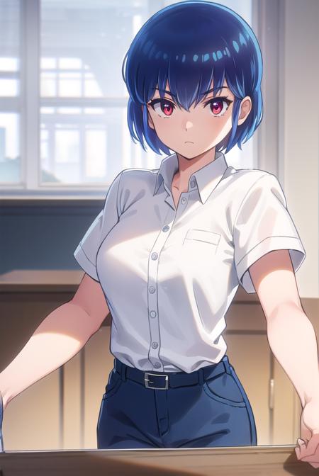 ryuunosukefujinami, <lora:ryuunosuke fujinami s1-lora-nochekaiser:1>,
ryuunosuke fujinami, short hair, blue hair, (red eyes:1.2), 
BREAK shirt, school uniform, (white shirt:1.5), short sleeves, collared shirt, belt, pants,
BREAK indoors, classroom,
BREAK looking at viewer, (cowboy shot:1.5),
BREAK <lyco:GoodHands-beta2:1>, (masterpiece:1.2), best quality, high resolution, unity 8k wallpaper, (illustration:0.8), (beautiful detailed eyes:1.6), extremely detailed face, perfect lighting, extremely detailed CG, (perfect hands, perfect anatomy),