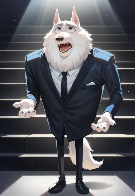 JimmyCrystal, Blue Eyes, Black Tie, Black Suit, Dress Shoes, Arctic Wolf, White Fur