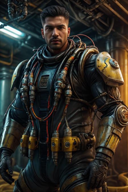 (realistic), (photorealistic), ((masterpiece)), ((best quality)), (detailed), cinematic, natural lighting, soft shadow, detailed background, photography, depth of field, intricate, detailed face, subsurface scattering, realistic eyes, muscular, manly, photo of a handsome (indian man), chem4rmor, wearing chempunk power armor, tubes, cables, wires, (multicolor liquid), canister, dynamic pose,