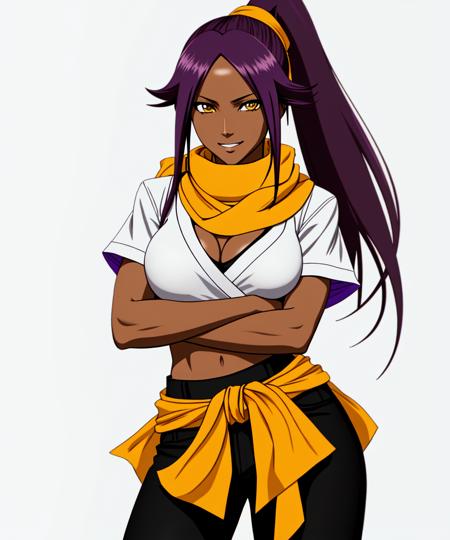 (yoruichi:1.1), ,long hair, breasts, looking at viewer, smile, large breasts, simple background, white background, yellow eyes, ponytail, purple hair, short sleeves, parted lips, pants, signature, dark skin, scarf, dated, dark-skinned female, black pants, crossed arms, cropped legs,
 <lyco:yoruichiDogu:0.9>