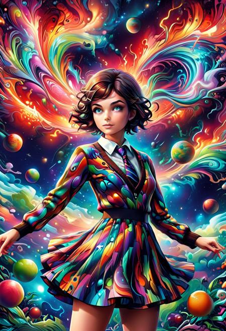 morph-aurora, Score_9, score_8_up, score_7_up, (masterpiece),(1character), semi side view, (beautiful:1.4), She mod dress, psychedelic swirls made lightning, vibrant hues, bold patterns, fruit power fashion, swinging sixties, Retro Vogue Cover, kaleidoscopic dreams.,highly intricate, 60s, hyper detailed, photorealistic, (planet Mars:2), school uniform,  white shirt, shirt, collared shirt, necktie, diagonal-striped necktie, sweater, brown sweater, long sleeves, skirt, pleated skirt, black skirt, plaid skirt,