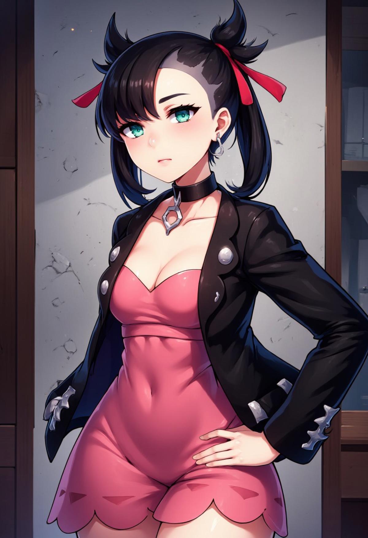 zzCitronCAT, 
zzMarnie, aqua eyes, black choker, red ribbon, pink dress, jewelry, black jacket, open clothes, long sleeves,
closed mouth, standing, collarbone, cowboy shot, round perfect breasts, hand on hip, contrapposto, 
abstract background,