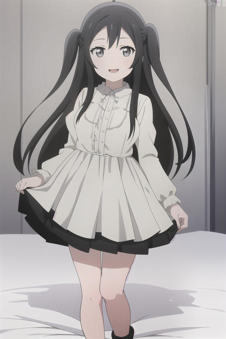 <lora:tareturi_v1.0:0.5> Full body  <lora:Yuuki_Setsuna_anime:1>     , 1girl, solo, (animated :1.3), smile, bedroom , (anime coloring:1.2)
,BREAK white skin ,(rounded face,short height, long hair,straight hair,grey eyes,black hair ,one side up:1.2),BREAK (middium breasts,dress )