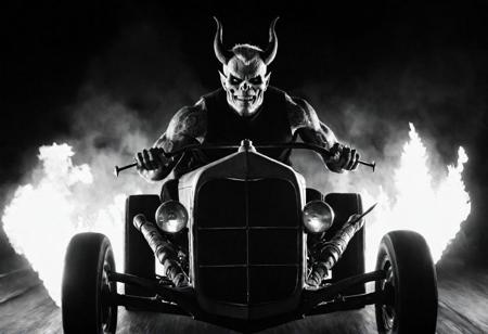 cinematic, ((black and white, monochrome, greyscale, bw)), horror, portrait, of a demon, driving a old dragster, the Dragula, the fires of Hell burn behind him, in a dark, dimly lit, studio, noise, detailed, high quality, cinematic lighting, contrast, heavy dynamic shadows, atmospheric,