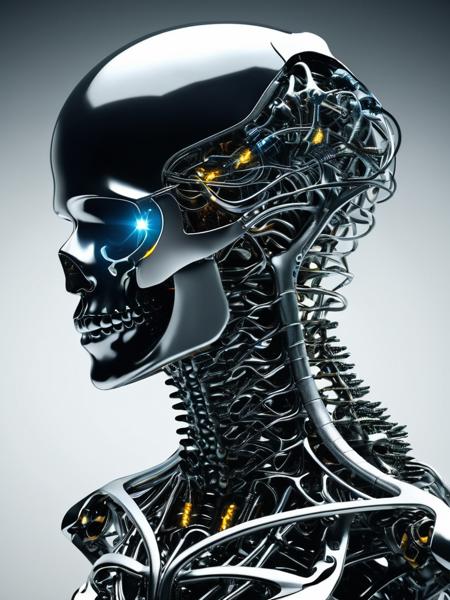 An enthralling 3D render unveils a dark fantasy mechanical neck spine system, envisioning a futuristic and sinister concept. The spine is intricately detailed, incorporating fiber optic neurons that interconnect with a polished, transparent helmet. The helmet houses electronic-optical eyes that emit a subtle, enigmatic glow, contributing to the ominous appearance. The design masterfully merges advanced technology with the macabre, eliciting a sense of enigma and captivation. This conceptual artwork prompts the viewer to contemplate the intersection of technology and dark fantasy, evoking a blend of fascination and discomfort.
