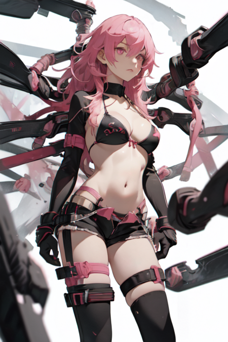 AliceTwilight, 1girl, solo, long hair, navel, cleavage, pink hair, bikini, red eyes, thighhighs, medium breasts, bikini top only, shorts, pink eyes, 