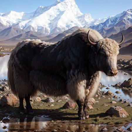 no_humans, black yak,  horns, outdoors, solo, animal, rock, water, cloud, mountain, stand on the hill
best quality, 8k, masterpiece <lora:yak_v1:0.75>