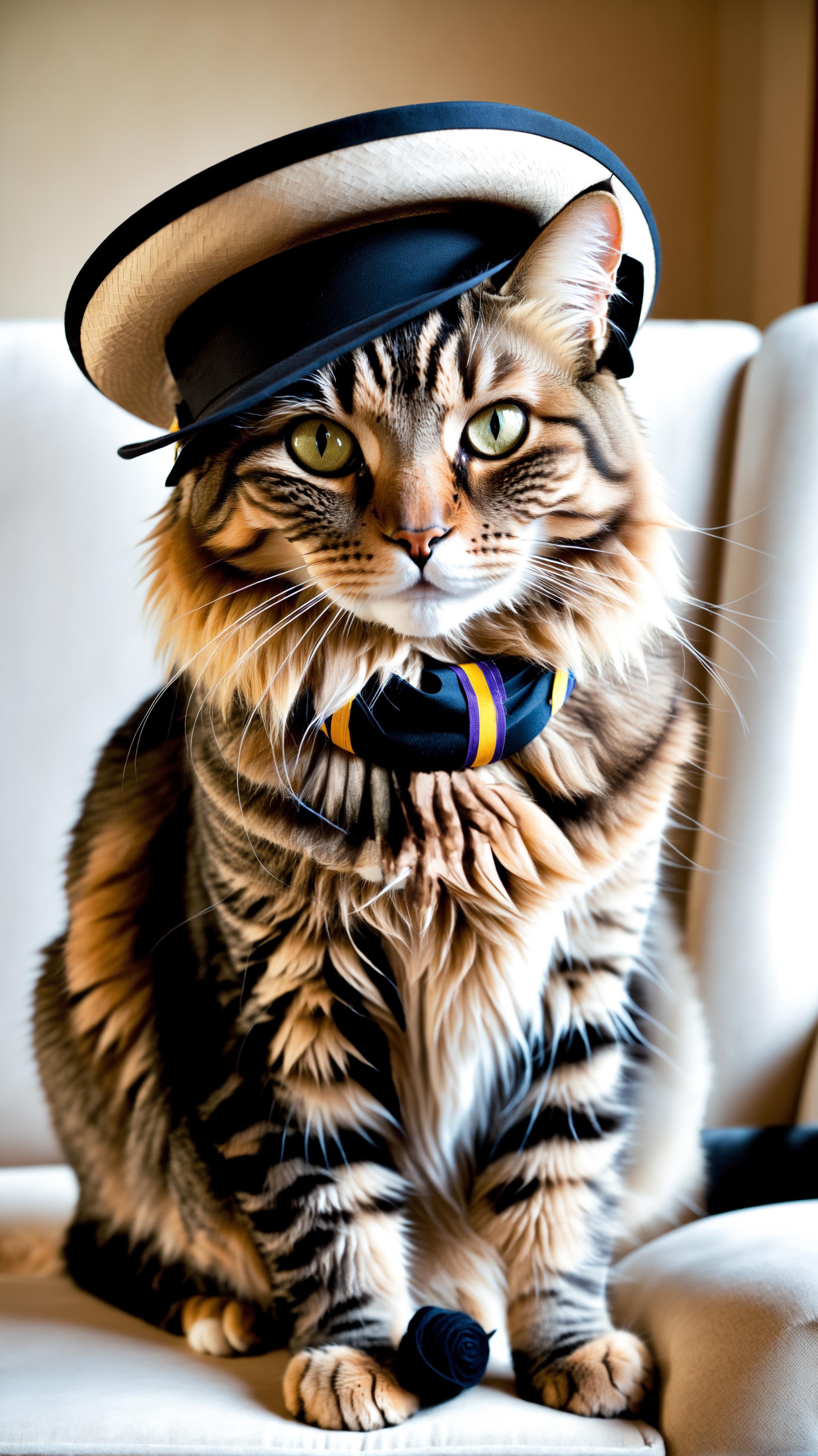A fluffy, striped cat wearing a tie and hat.