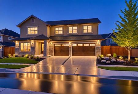 suburban house, dusk, modern architecture, two-story, garage doors, wet driveway, landscaped, front lawn, exterior lighting, clear sky, twilight hues, residential area, paved road, high dynamic range, wide angle, curb appeal, stone accents, window reflections, tranquil scene