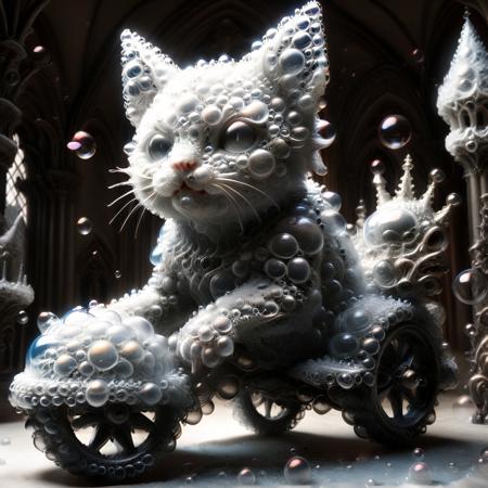 A gothic throne room made of solidified bubbles, ruled by a kitten king in a cape of foam, guards are bubble-blowing frogs on tricycles, pun: “The Bubblenarchy,” ornate gothic carvings within the bubble textures