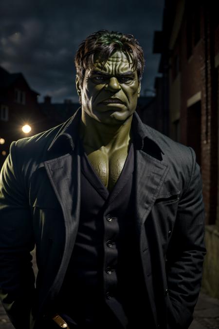 (Hulk:1.3),(green skin:1.2), wearing a (trench coat), (best outfit), full body, pocket watch, detailed hair, detailed face, outdoors, perfect illumination, beautiful detailed eyes, stunningly beautiful man, detailed hairstyle, good hands, (8k, RAW photo, best quality, masterpiece:1.2), (realistic, photo-realistic:1.37), ultra high res, (ambient light:1.3), (cinematic composition:1.3),professional soft lighting, light on face,  <lora:add_detail:0.65>, <lora:LowRA:0.5>,  <lora:epi_noiseoffset2:0.8>