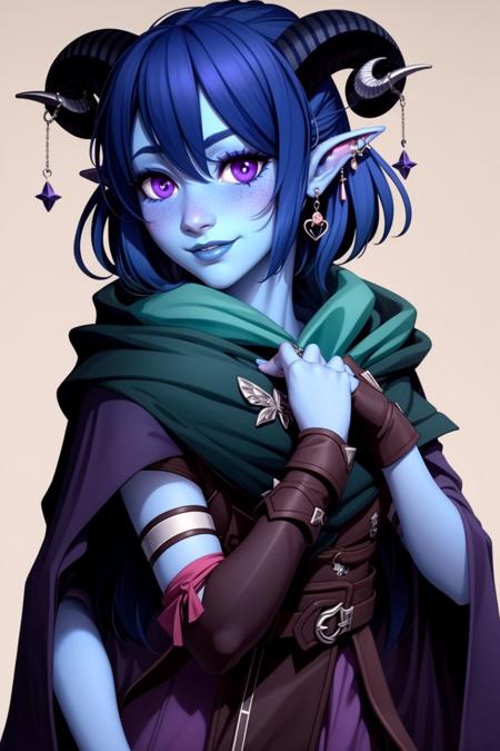 <lora:JesterV1:0.75>, Jester Lavorre, purple eyes, blush, shy, blue hair, blue skin, horns,