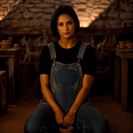 ((full body, a woman  wearing dungarees sitting doing pottery with clay useing her hands in a dark lit room)), high detail skin, high detail eyes, high detail hai <lora:DemiMooreYoungv2Lora:0.9> 1woman, realistic, black hair, brown eyes, nose, closed mouth,short side hair, afternoon