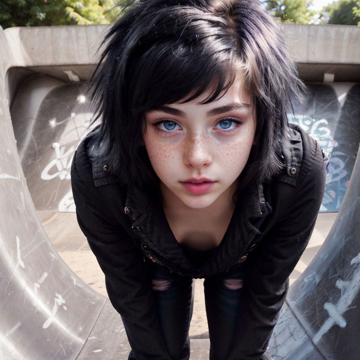 Young girl with blue eyes wearing black clothing and leaning over a cement skate ramp.