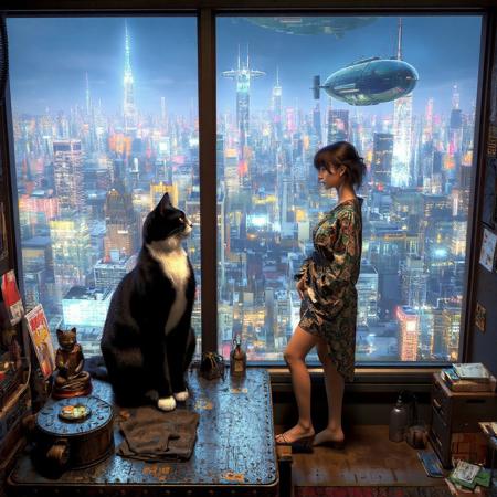 black cat with a white neck and white feet is sits on a cluttered metal riveted desk next to a maneki neko statue and small bronze buddha, the cat is looking out to a floor to ceiling window that looks out over a futuristic cyberpunk Tokyo skyline with skyscrapers and futuristic airships covered with lights and advertisements in Japanese, a tall thin beautiful young woman, 22 years old, is standing next to the cat looking out at the city through the window, The woman is dressed in an ornate short japanese style bath robe, exposing her long legs.  The woman's hair is messy from just waking up. Artistic cyberpunk, dynamic perspective,