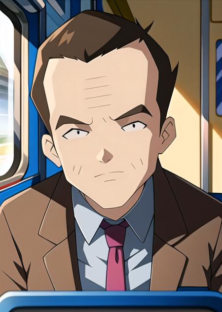 best quality, high detail, (detailed face),  ((best quality, masterpiece)), (high-resolution:1.2),brown hair,black eyes,50 year old, aged, old men,male focus, solo,large forehead, few hairt,tie,frown,closed mouth, code lyoko,grey suit,sitting, holding suitcase,seat train,, window, train