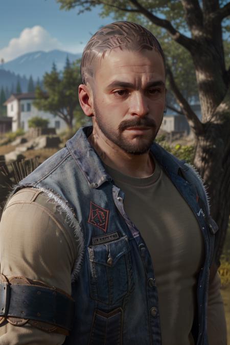 BoozerDays, 1boy, facial hair, male focus, solo, realistic, outdoors, vest, beard, shirt, blurry background, blurry, sleeveless jacket, upper body, tree, short hair, looking at viewer, day, closed mouth
 <lora:BoozerDays:0.7>