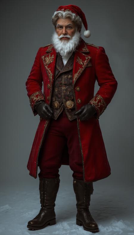 Realistic image reimagines a tall Santa Claus with a fashionable Victorian aesthetic. He dons an elegantly tailored deep red frock coat with intricate gold embroidery, a luxurious fur-lined collar, and polished leather boots. His fancy moustache is carefully groomed, paired with round, vintage spectacles. A velvet waistcoat and pocket watch add a refined touch, while snowy flakes swirl around him, enhancing the nostalgic yet stylish, aristocratic vibe. His confident, dignified pose exudes timeless charm, vantablack