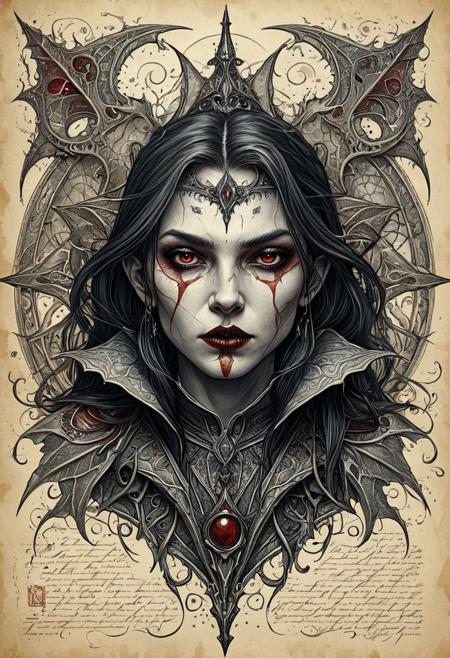 Finely detailed vector illustration, biological study, female Vampire, vetruvian style, ultra realistic quality, an explorer's pencil drawing, parchment background, hyperdetailed, intricately detailed, muted colors,fantastical,intricate detail,splash screen, fantasy concept art, 8k resolution, masterpiece, ink on old paper, calligraphy,