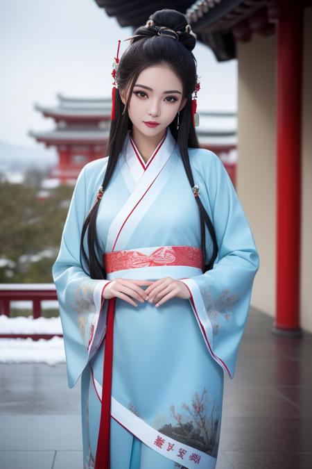 ltra-detailed,highly detailed,best quality,masterpiece,illustration,realistic,photorealistic,
1girl, solo,
hanfu-quju, hanfu, chinese clothes, chinese traditional clothes, long sleeves, wide sleeves, sash,
looking at viewer, cowboy shot, 
outdoors, photo background, east asian architecture, blue sky, wind, snow, winter,
<lora:hanfu quju_v1_01:0.7>