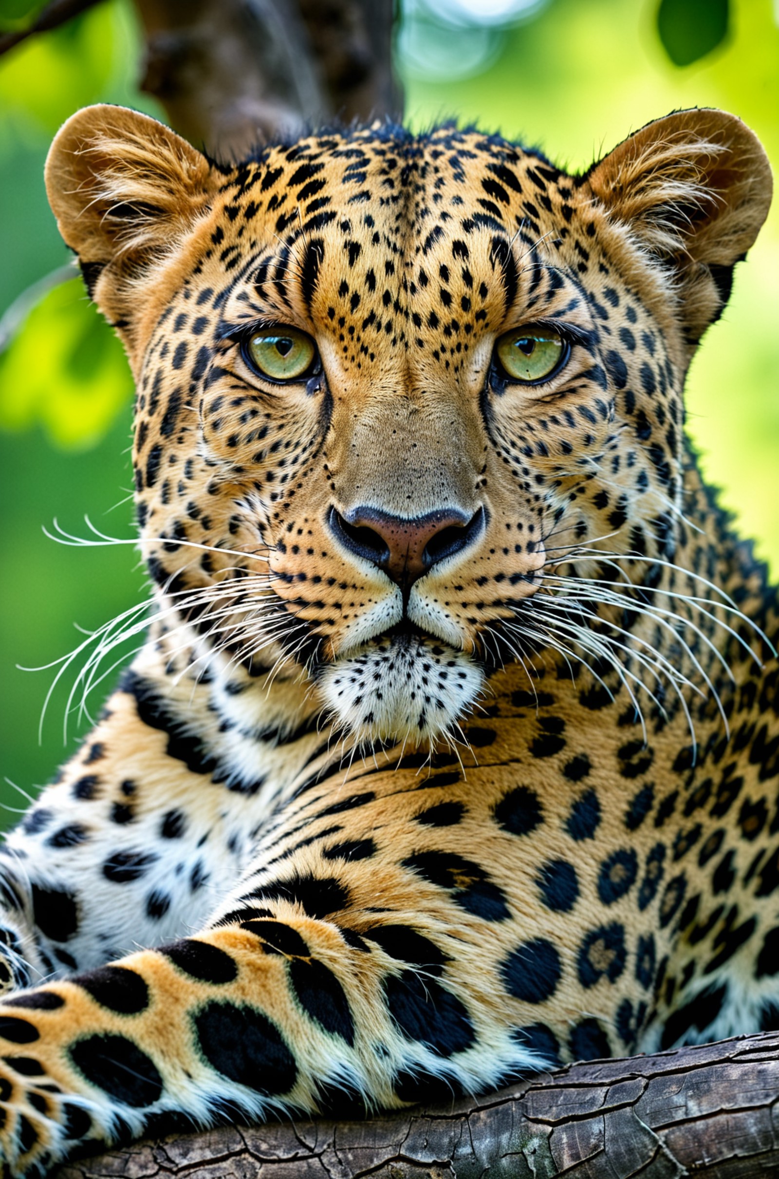 close-up portrait of a leopard resting on a tree branch, its intense gaze captured in stunning detail against a blurred gr...