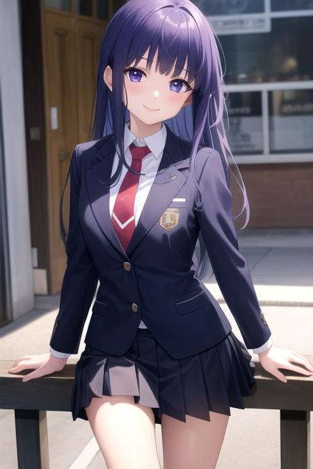 ((masterpiece)),(best quality),official art,extremely detailed CG,unity 8k wallpaper,ultra detailed,beautiful detailed eyes,extremely detailed face,1girl,solo,cowboy shot,looking at viewer,facing viewer,smile,furude rika,long hair,blue hair,violet eyes,hime cut,sidelocks,blunt bangs,eyebrows visible through hair,st. lucia academy school uniform,blazer,grey jacket,collared shirt,white shirt,red necktie,medium breasts,blue skirt,pleated skirt,white socks,loafers,<lora:Furude Rika(hnnk)>,