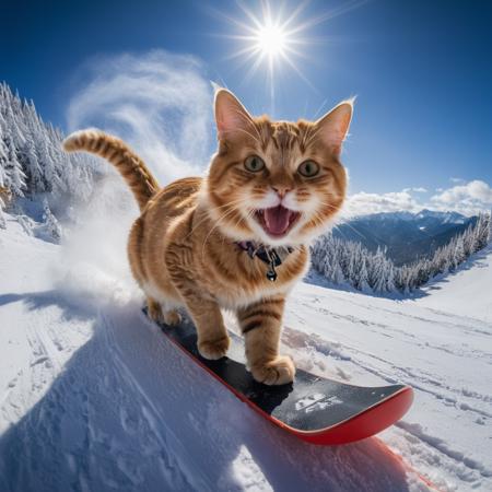 animal (cat:1.5) skiing, snowboard, snow explosion, action shot, nude, sunlight, wide angle, (tail:1.3) <lora:EnvyActionShotXL01:0.5> 8k, F2.8, RAW Photo, ultra detailed, real life <lora:xl_more_art-full_v1:0.8>