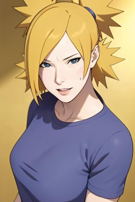 mature woman, anime, natural skin texture, <lora:Temari Nara v2:0.7>, mature face, blonde, 4 ponytails, 4 hair tails, t-shirt, shirt, (room background, complex background:1.2), 8k quality, high resolution, extremely detailed, intricate details, natural skin texture