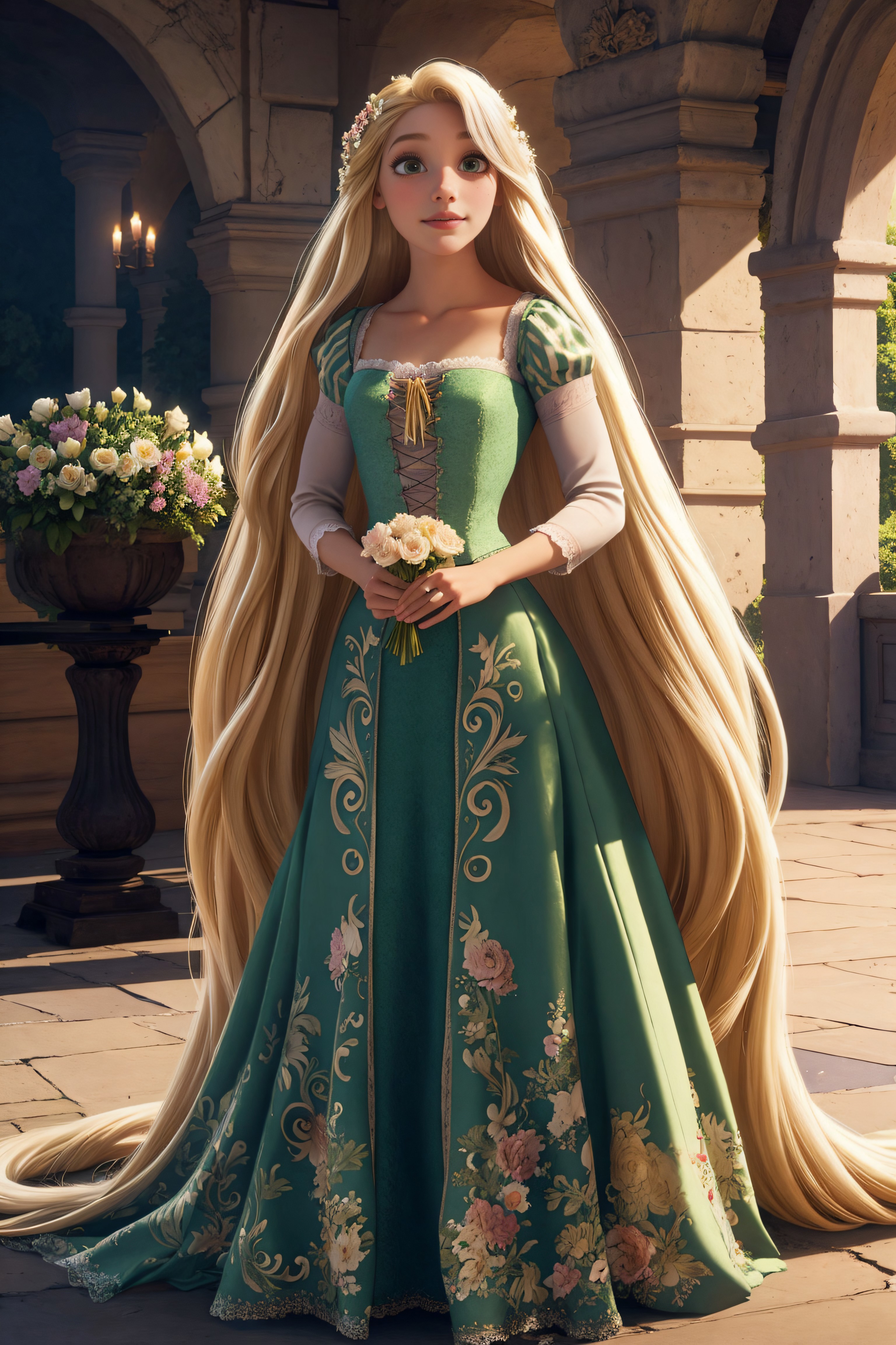 A beautifully illustrated princess with long blonde hair wearing a green dress and holding a rose.