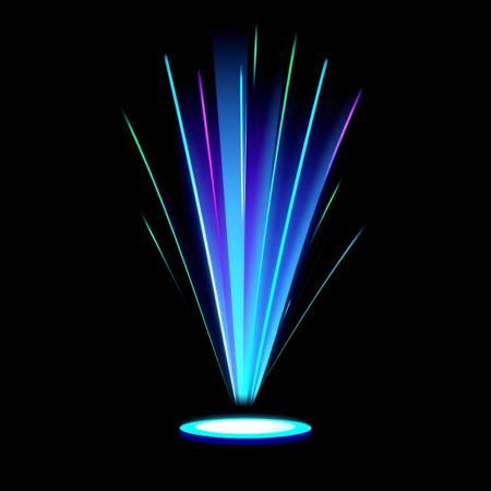 A cartoon-style holographic light projection on a completely black background. The beams emerge from a flat, glowing elliptical base at the bottom center, extending vertically upwards with a slight outward divergence. The style is sharp and 2D, similar to 'Rick and Morty' or 'Gravity Falls,' featuring clean, bold outlines with a slight comic-book exaggeration.
The beams are bright neon shades of cyan, electric blue, and soft purples, with a few thin streaks of bright green for contrast. They maintain crisp, solid edges without soft blending, ensuring a distinct cartoon look. Some beams have a subtle segmented or flickering effect, and there are faint horizontal scan lines running through them for an extra holographic feel. The black background allows for easy compositing into other scenes.